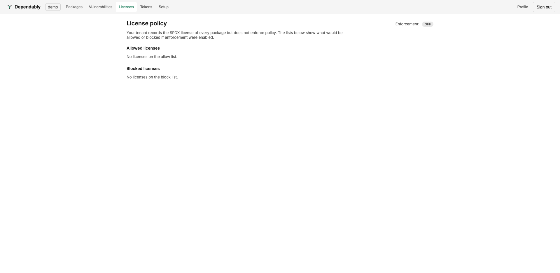 The License policy page showing the Enforcement indicator set to OFF and empty Allowed and Blocked license lists.