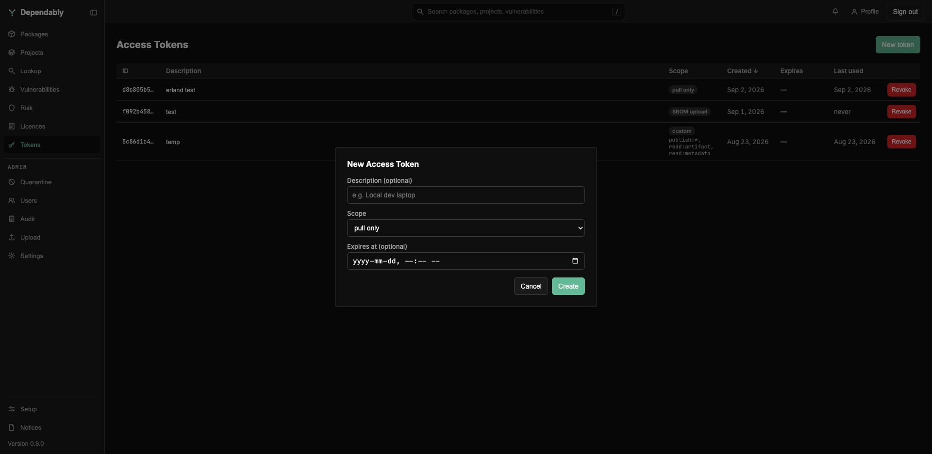 The New Access Token dialog with a Description field, a Scope dropdown, and an optional Expires at date.