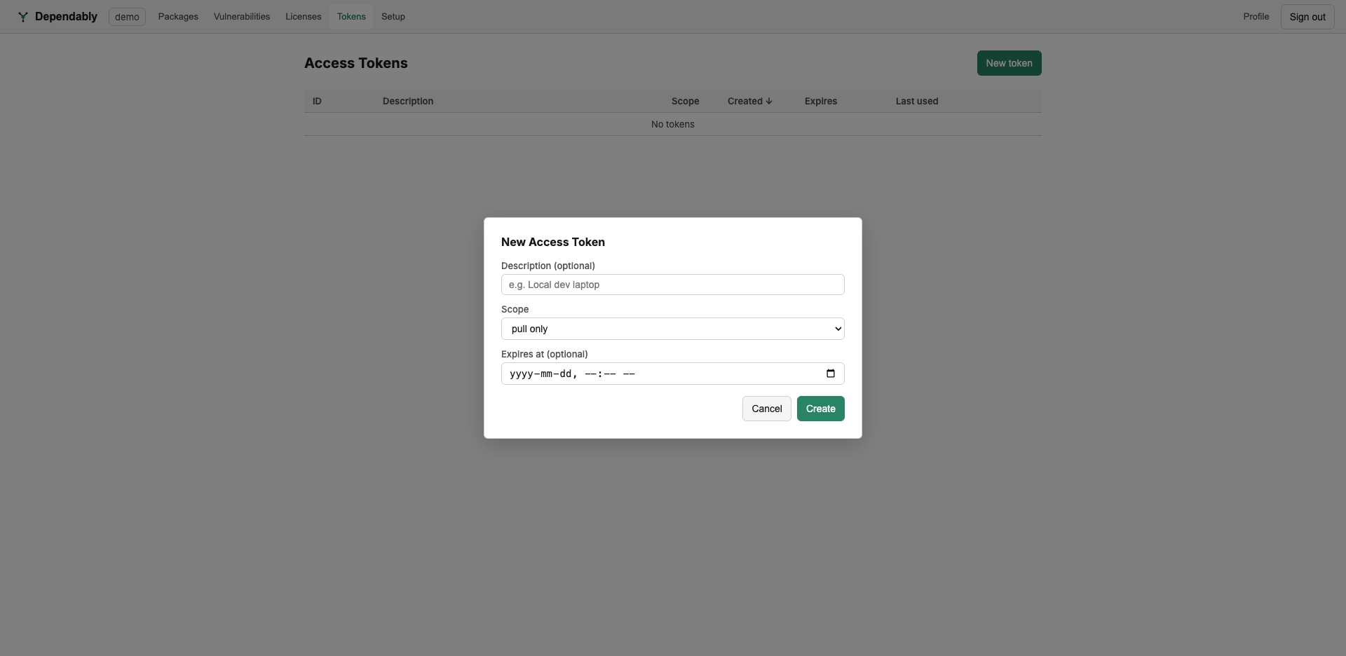 The New Access Token dialog with a Description field, a Scope dropdown, and an optional Expires at date.