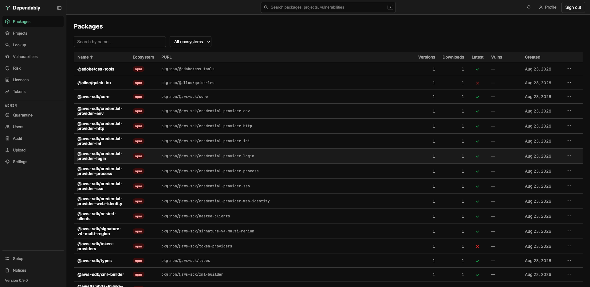 The Packages page: a search box, an ecosystem filter, and a table of packages with Name, Ecosystem, PURL, Versions, Downloads, Latest, Vulns, and Created columns.