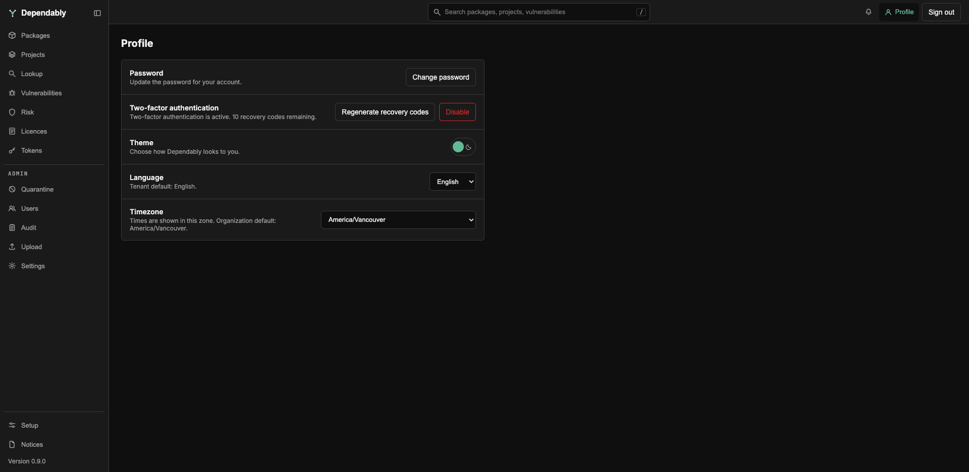The Profile page with rows for Password, Two-factor authentication, Theme, Language, and Timezone.