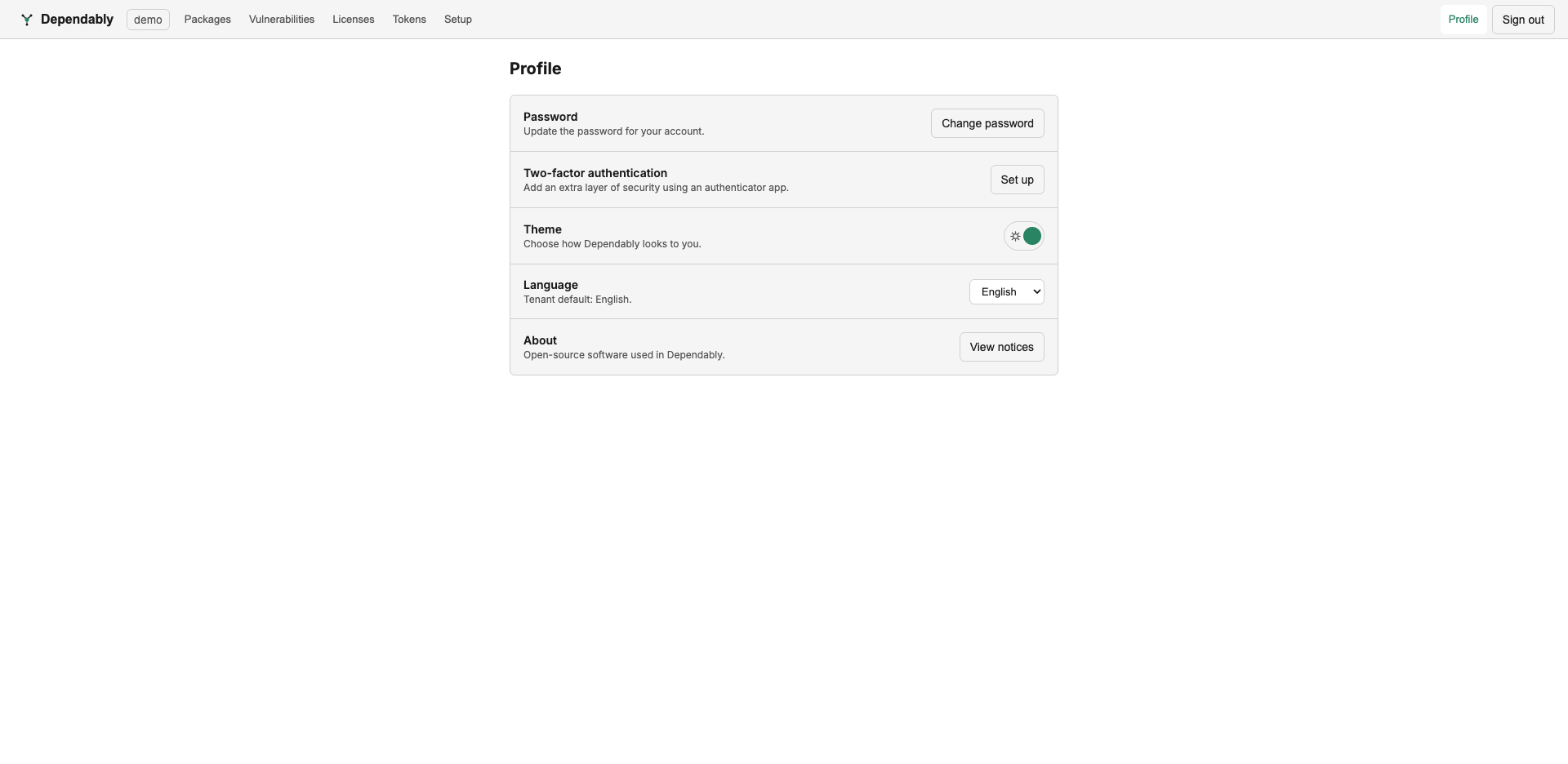 The Profile page with sections for Password, Two-factor authentication, Theme, Language, and About.