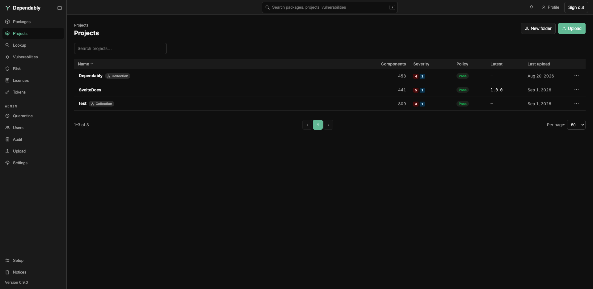 The Projects page: a search box and a table of projects with Name, Components, Severity, Policy, Latest, and Last upload columns.