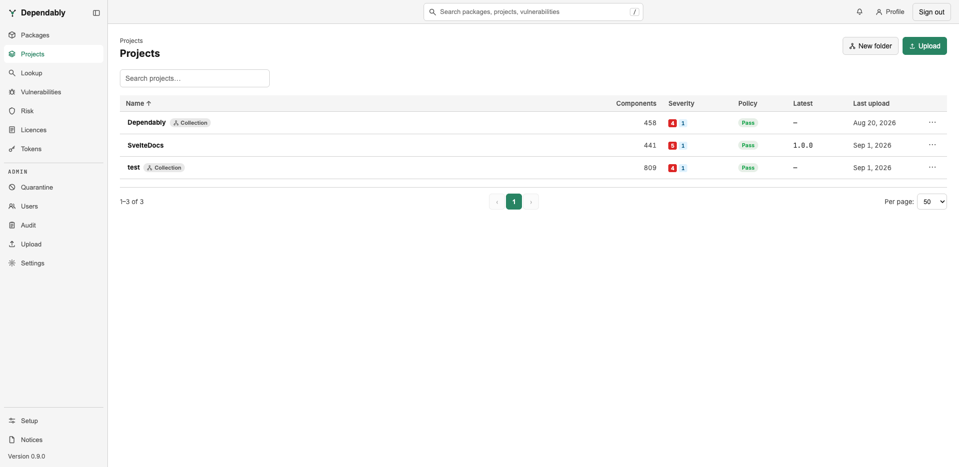 The Projects page: a search box and a table of projects with Name, Components, Severity, Policy, Latest, and Last upload columns.