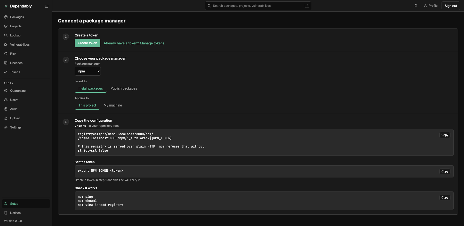 The Setup page: step 1 Create a token, step 2 Choose your package manager with Package manager, I want to, and Applies to controls, and step 3 Copy the configuration showing the files, the token line, and the verify commands.