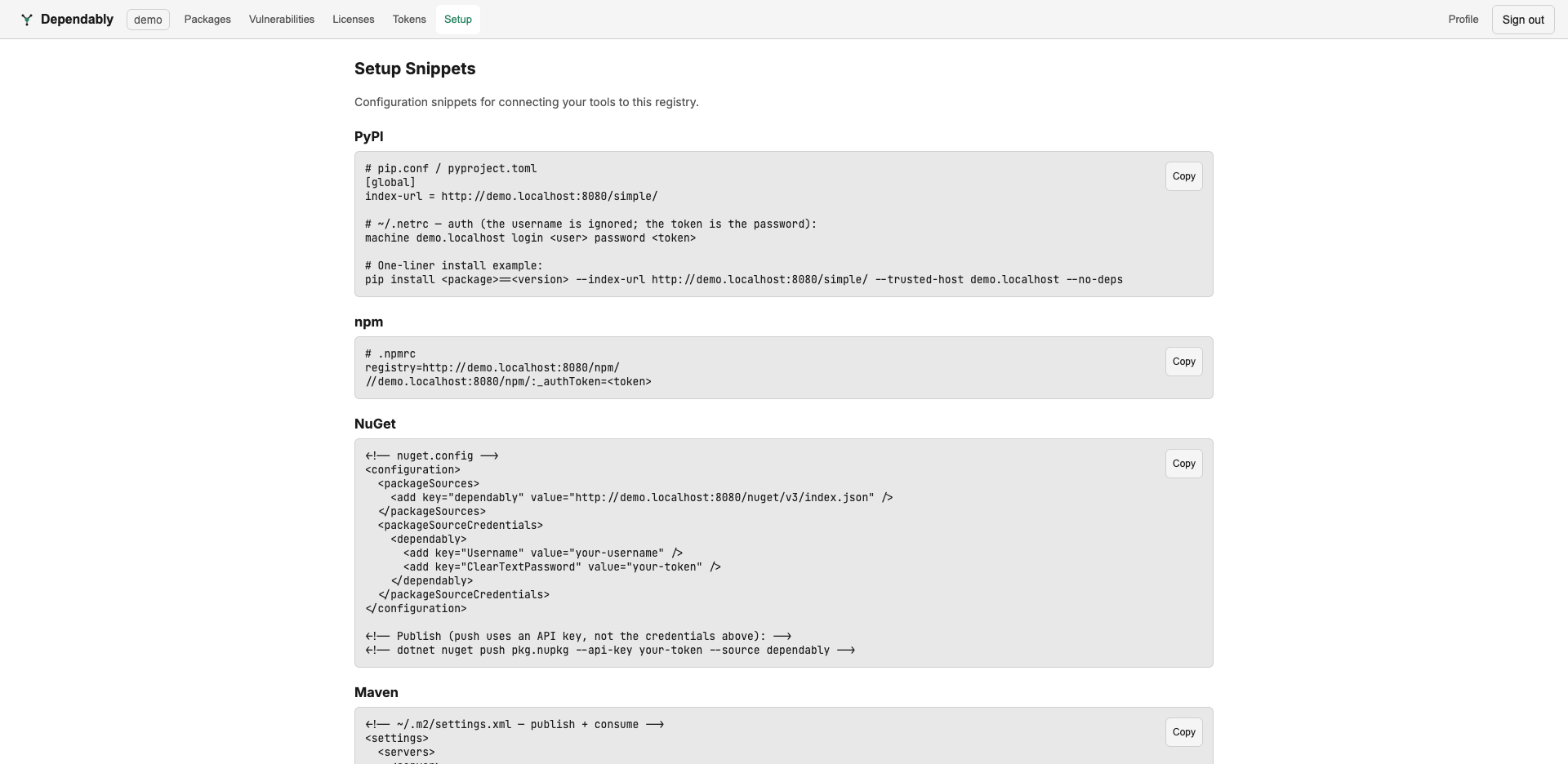 The Setup page showing per-ecosystem configuration snippets, each with a Copy button.