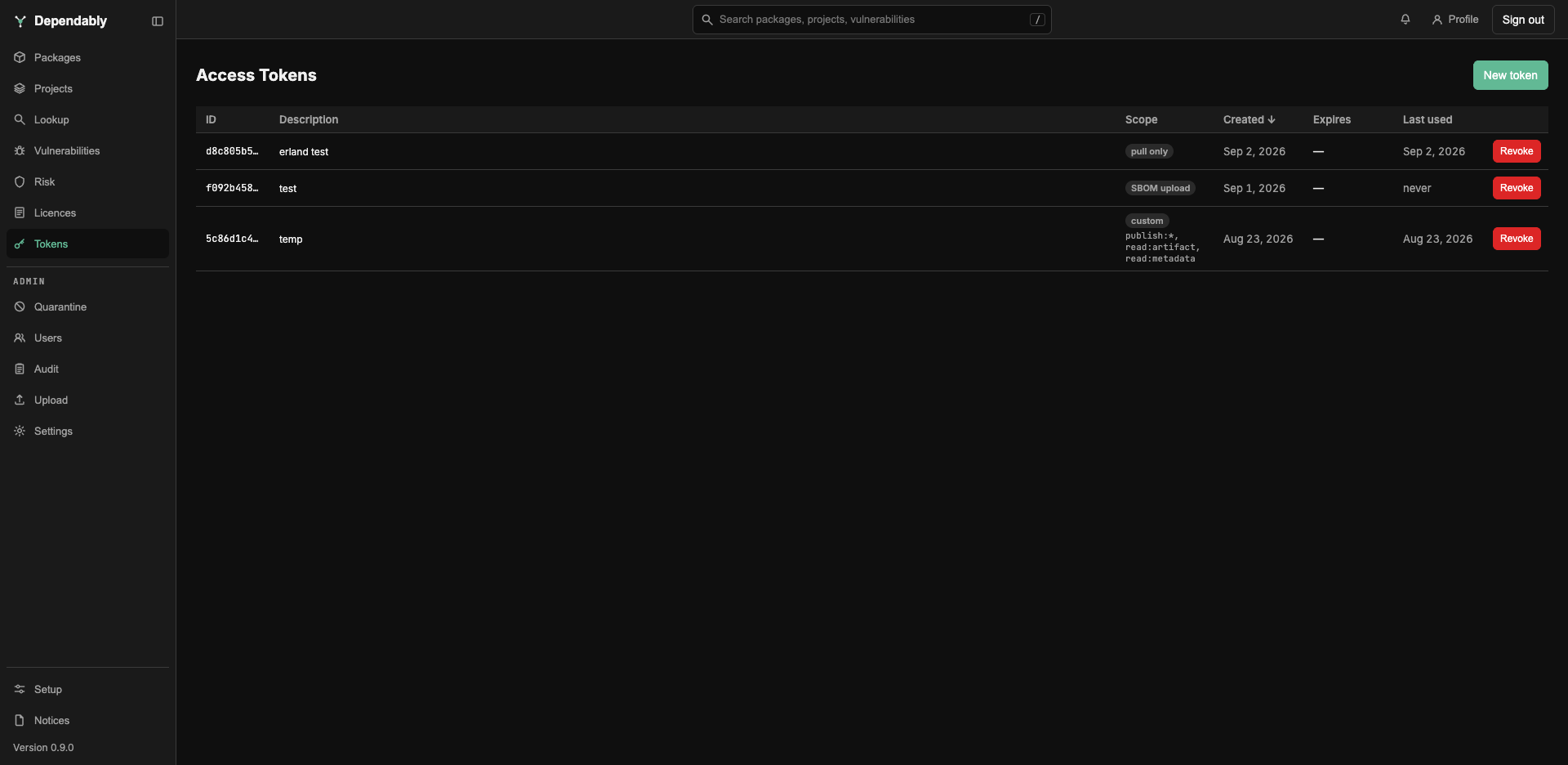 The Access Tokens page: a table of tokens with ID, Description, Scope, Created, Expires, and Last used columns, a Revoke button on each row, and a New token button.