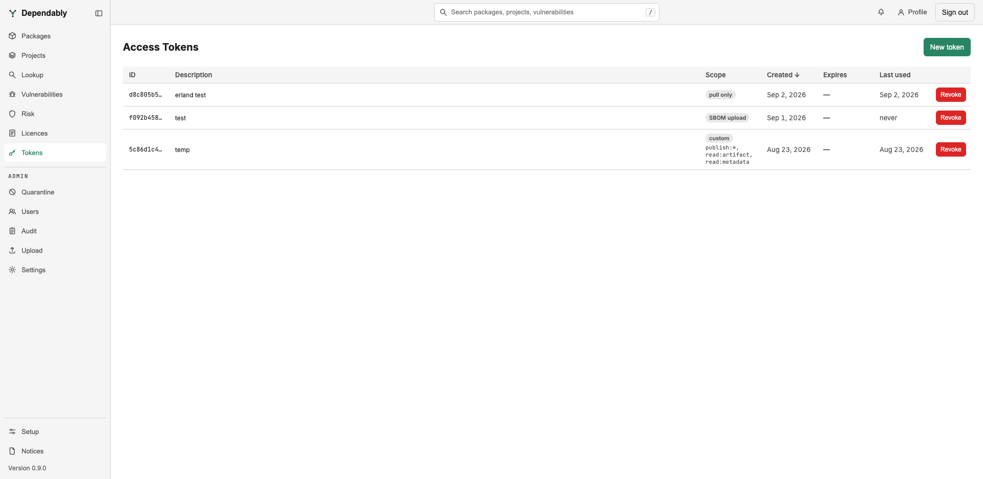 The Access Tokens page: a table of tokens with ID, Description, Scope, Created, Expires, and Last used columns, a Revoke button on each row, and a New token button.
