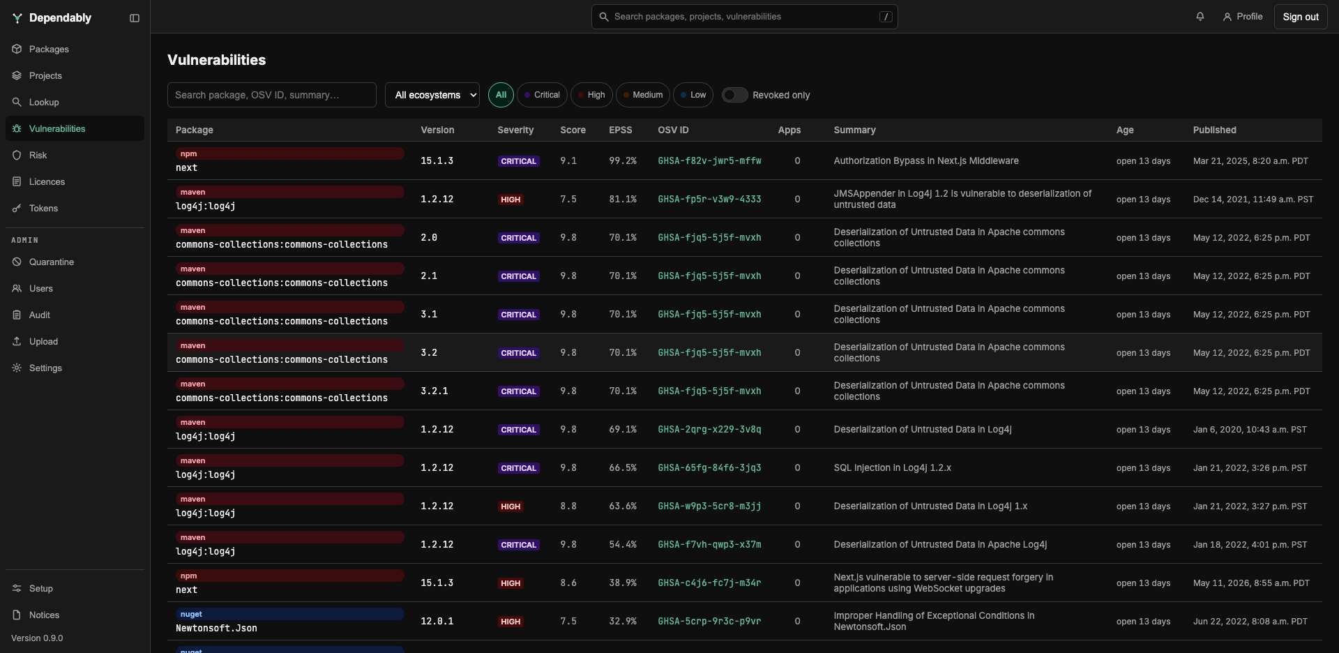The Vulnerabilities page: a search box, ecosystem and severity filters, a Revoked only toggle, and a table of advisories with Package, Version, Severity, Score, EPSS, OSV ID, Apps, Summary, Age, and Published columns.