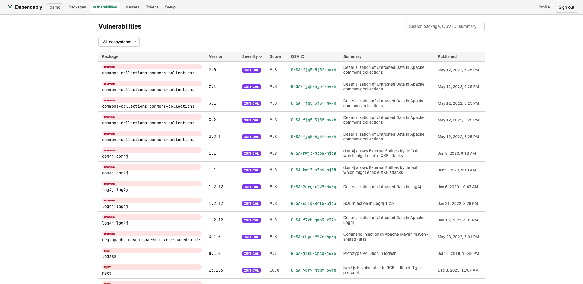 The Vulnerabilities page: a search box, an ecosystem filter, and a table of advisories with package, version, severity, CVSS score, OSV ID, summary, and published columns.